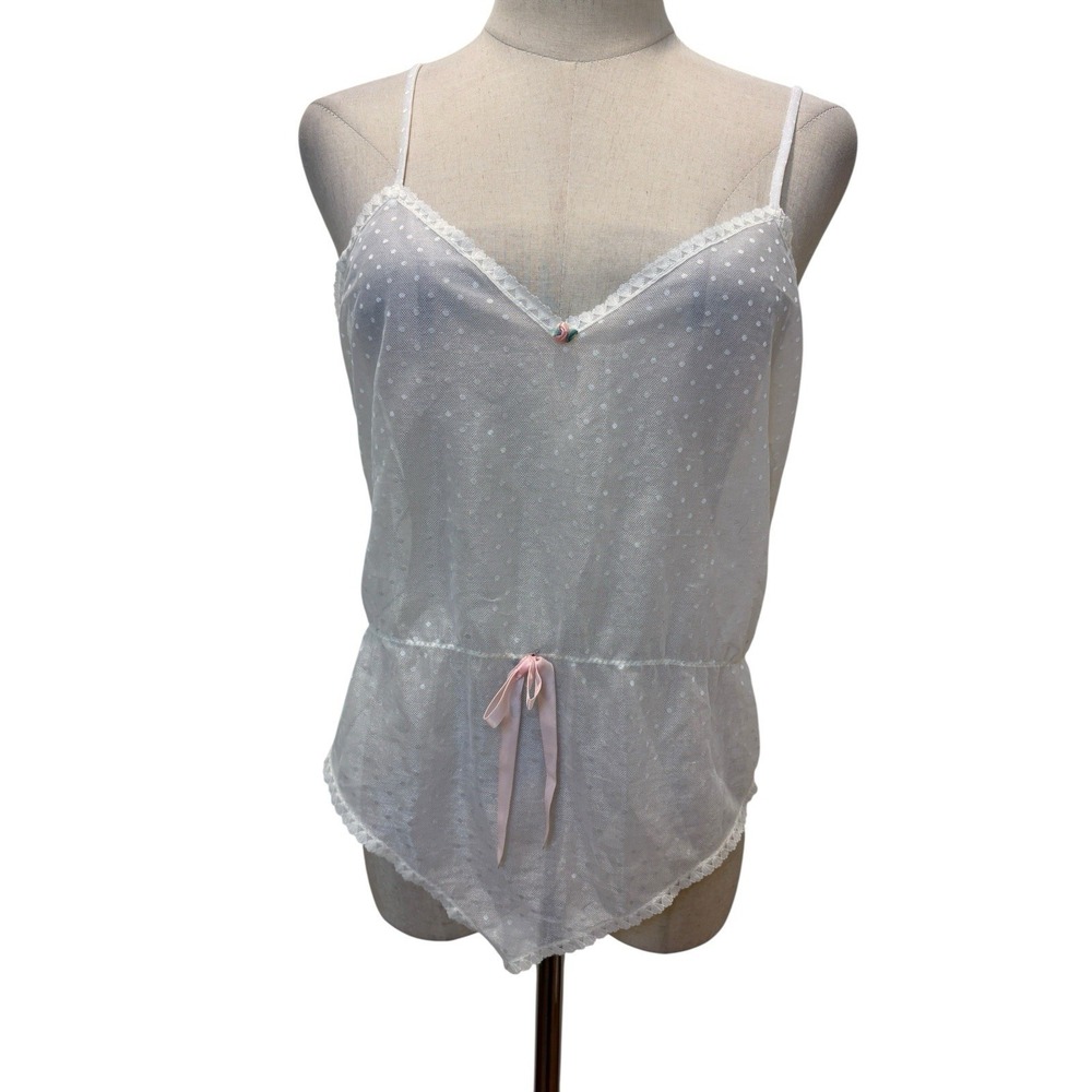 Vtg Sasson Sheer Mesh Camisole Sz S White Polka Dot Lingerie Soft Girl Coquette